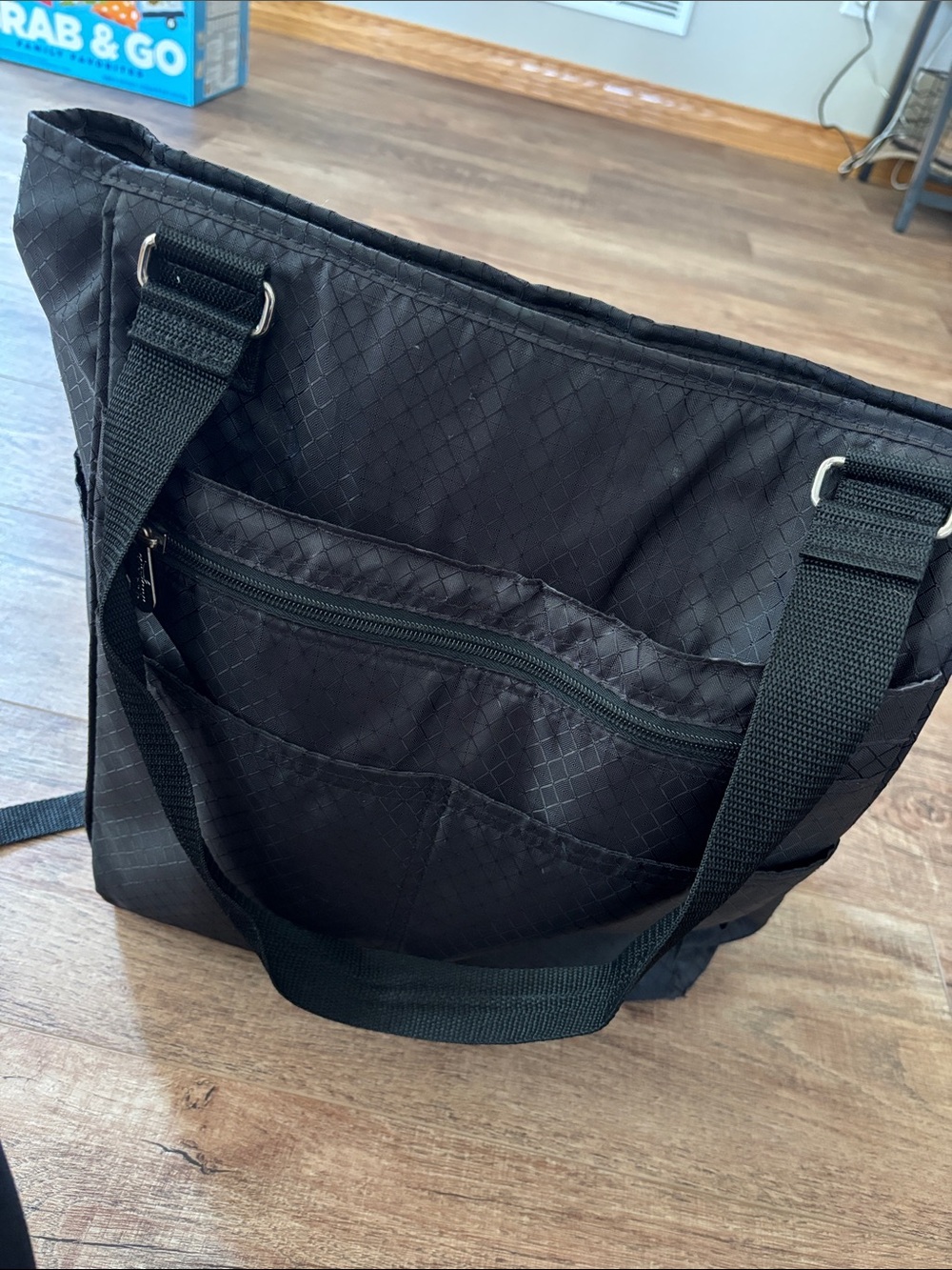 thirty-one Black Quilted Nylon Messenger Tote with Front Zip Pocket